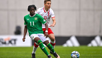 Ikechukwu Orazi of Republic of Ireland in action against Dominik Szala of Poland during the UEFA European Under-17 Championship Finals 2023 Group A match between Poland and Republic of Ireland in Budapest in May