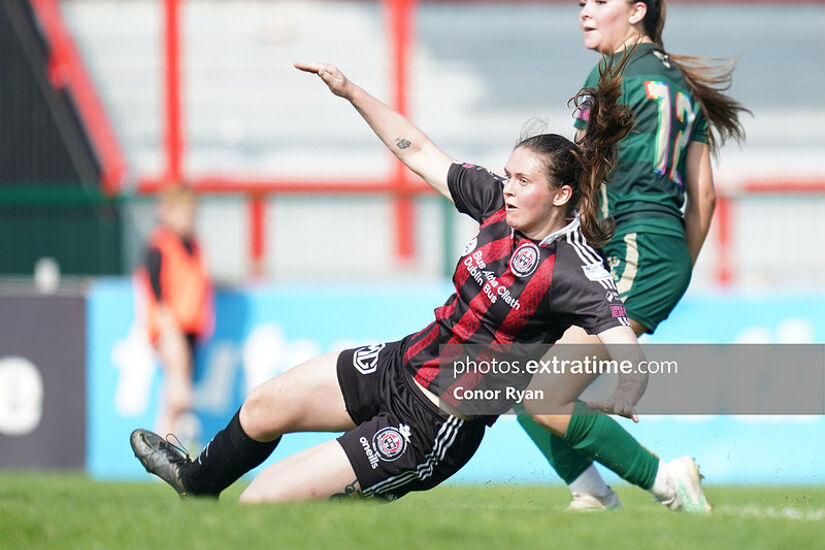 Jodie Griffin Galway FC gets a shot away as Lisa Murphy Bohemian FC slides in