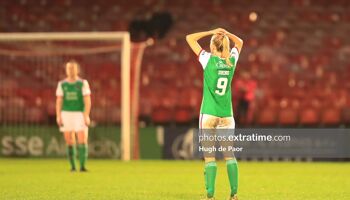 Christina Dring reacts after Bohemians score a late winner at Turners Cross on Saturday, 22 October 2022.