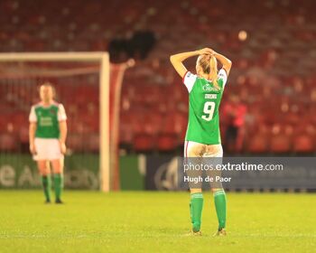 Christina Dring reacts after Bohemians score a late winner at Turners Cross on Saturday, 22 October 2022.