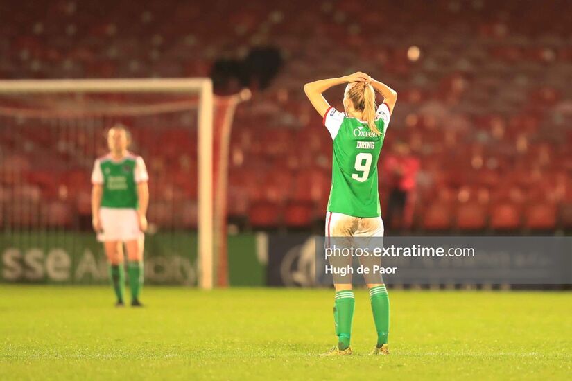 Christina Dring reacts after Bohemians score a late winner at Turners Cross on Saturday, 22 October 2022.