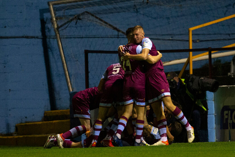 Darragh Mackey of Drogheda celebrates his goal with teammates during the SSE Airtricity League Premier Division match between Drogheda United and Longford Town at Head In The Game Park, Drogheda on 15 October 2021.