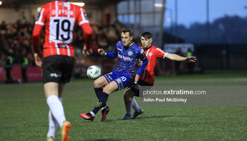 Dylan Connolly holds up the ball in Bohs' 1-0 win in Derry last month