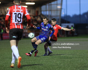 Dylan Connolly holds up the ball in Bohs' 1-0 win in Derry last month
