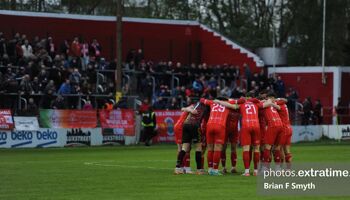 Shelbourne in a huddle ahead of kick-off against Shamrock Rovers in Tolka Park on Monday 22 April 2024