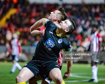 21 February 2020; Tony McNamee of Finn Harps and Ciaron Harkin of Derry City in action during the SSE Airtricity Premier Division match between Derry City and Finn Harps at The Ryan McBride Brandywell Stadium in Derry. Photo by Clare McCahill