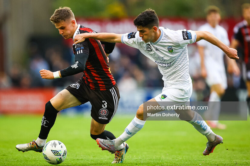 Paddy Kirk (left) battles with Adam Verdon for the ball as Bohemians saw off UCD earlier this year at Dalymount Park