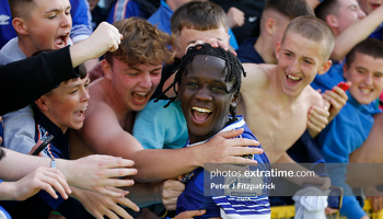 Junior Quitirna celebrates with fans after Waterford's victory over St Patrick's Athletic in the FAI Cup on Sunday, 31 July 2022.