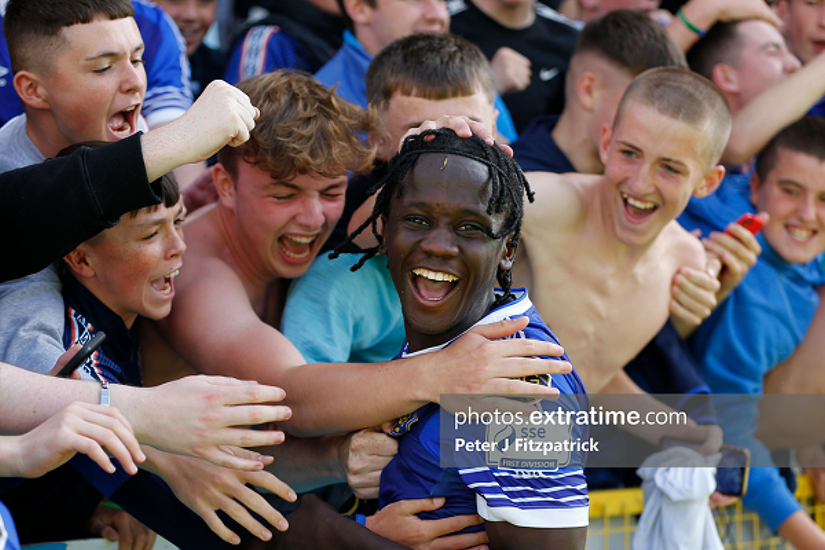 Junior Quitirna celebrates with fans after Waterford's victory over St Patrick's Athletic in the FAI Cup on Sunday, 31 July 2022.