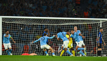 Rodri of Manchester City, second from right, celebrates after scoring his side's goal in the Champions League final match