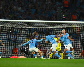 Rodri of Manchester City, second from right, celebrates after scoring his side's goal in the Champions League final match