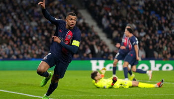 Kylian Mbappe of Paris Saint-Germain celebrates scoring his team's second goal during the UEFA Champions League 2023/24 round of 16 second leg match between Real Sociedad and Paris Saint-Germain at Reale Arena on March 05, 2024 in San Sebastian, Spain.