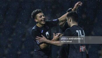 Jaze Kabia of Cobh Ramblers celebrates a goal.