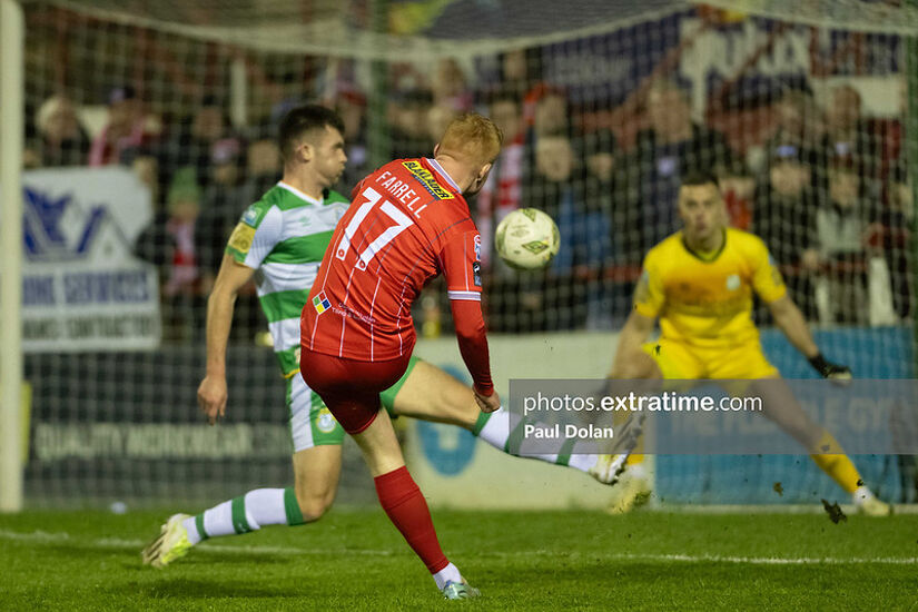 Shane Farrell takes a shot against Shamrock Rovers in Shelbourne's league win over the Hoops in February 2024