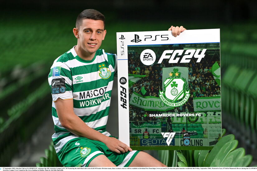 Pictured is Gary O'Neill of Shamrock Rovers during the EA SPORTS FC 24 SSE Airtricity League Cover Launch at the Aviva Stadium in Dublin.