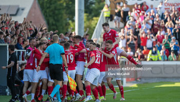 Sligo Rovers celebrate after Shane Blaney scores in the 4th minute.