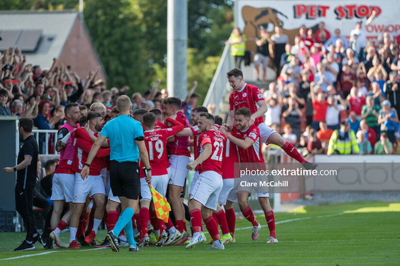 Sligo Rovers celebrate after Shane Blaney scores in the 4th minute.