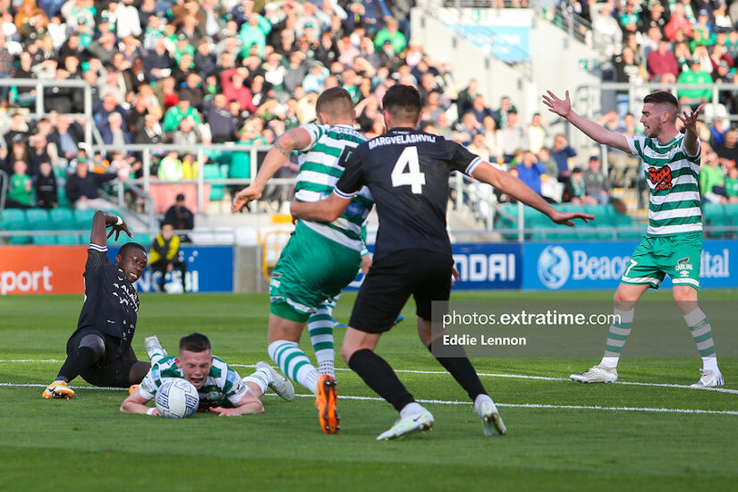 Andy Lyons earns Shamrock Rovers a penalty against Shkupi on Thursday