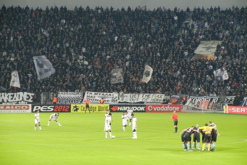 Shamrock Rovers players in a huddle ahead of kick-off of their Europa League group stage clash against PAOK in Greece in 2011