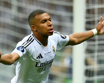 Kylian Mbappe of Real Madrid celebrates scoring his team's second goal during the UEFA Super Cup 2024 match between Real Madrid and Atalanta BC at National Stadium on August 14, 2024 in Warsaw, Poland.