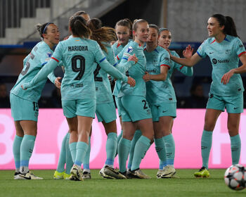 Caroline Graham Hansen of FC Barcelona celebrates her teams first goal with team mates during the UEFA Women's Champions League 2023/24 Quarter Final Leg One match against SK Brann and FC Barcelona at Asane Arena on March 20, 2024 in Bergen, Norway.