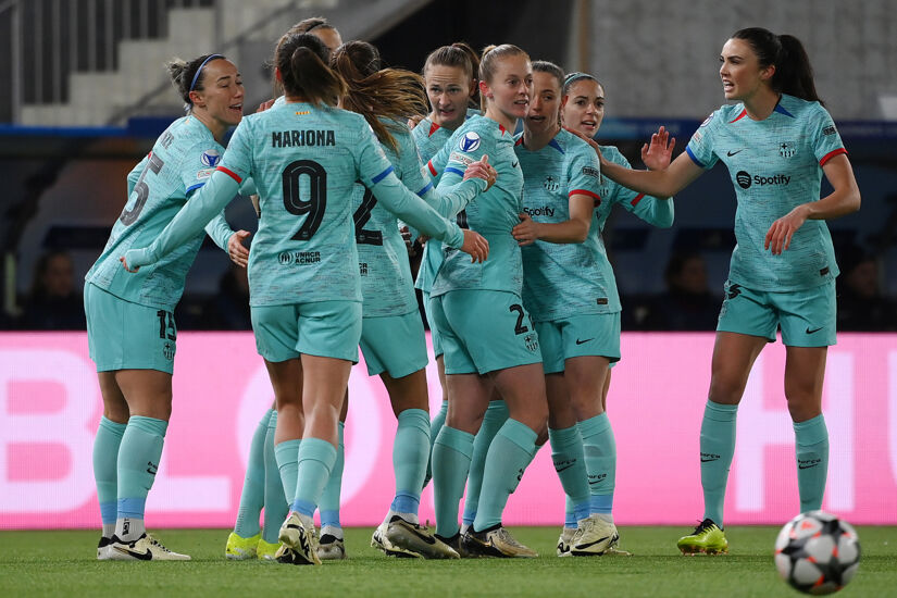 Caroline Graham Hansen of FC Barcelona celebrates her teams first goal with team mates during the UEFA Women's Champions League 2023/24 Quarter Final Leg One match against SK Brann and FC Barcelona at Asane Arena on March 20, 2024 in Bergen, Norway.