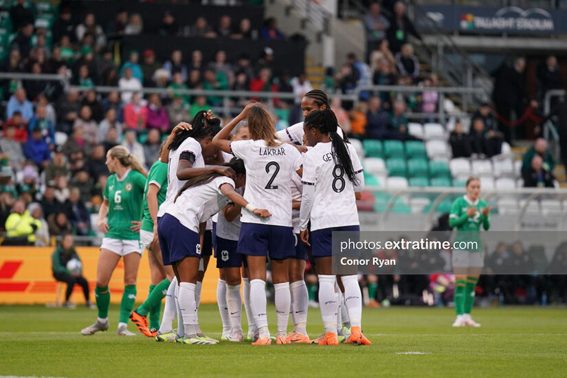 France celebrate a Maelle Lakrar goal against Ireland