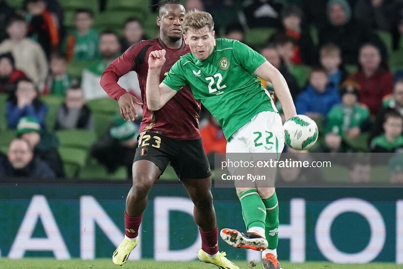 Nathan Collins of Republic of Ireland clears ahead of a challenge from Michy Batshuayi of Belgium during last Saturday's scoreless game