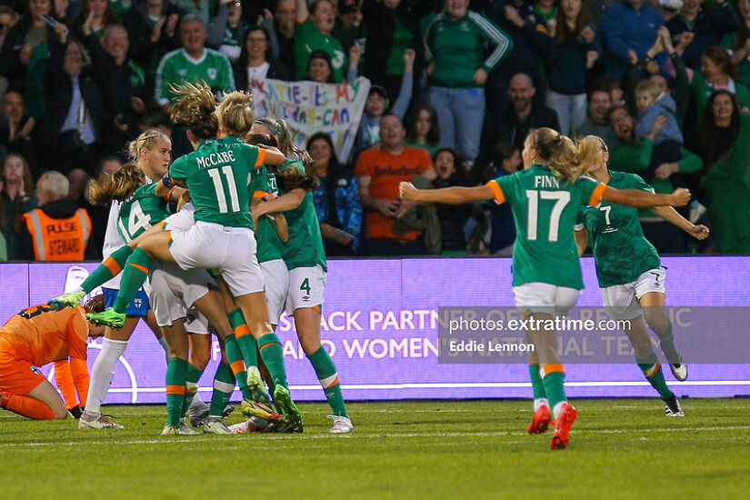 Ireland celebrate scoring against Finland in their World Cup qualifier last September