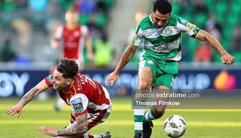 Ruairi Keating of St. Patrick's Athletic FC is tackled by Roberto Lopes of Shamrock Rovers FC during the SSE Airtricity Men's Premier Division match between Shamrock Rovers FC and St. Patrick's Athletic FC at Tallaght Stadium, Dublin
