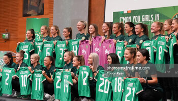 Ireland players with their shirts at the recent squad unveiling in UCD