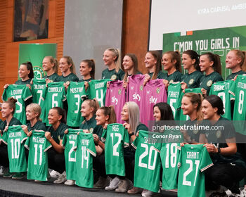 Ireland players with their shirts at the recent squad unveiling in UCD