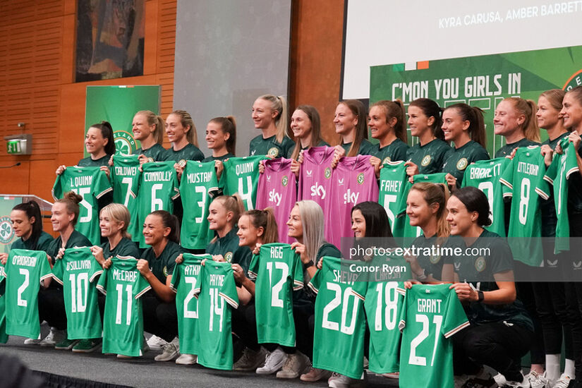 Ireland players with their shirts at the recent squad unveiling in UCD