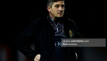 Declan Devine on the sideline for his first game in charge of Bohemians on Friday, 21 October 2022.