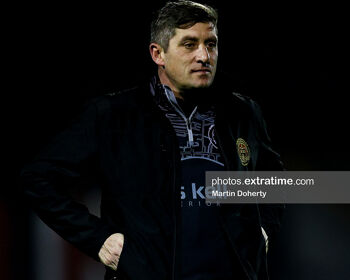 Declan Devine on the sideline for his first game in charge of Bohemians on Friday, 21 October 2022.
