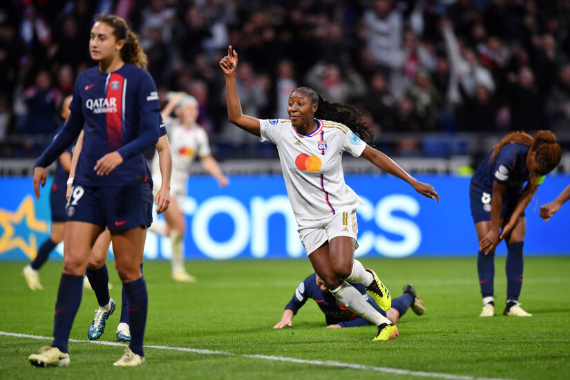 Kadidiatou Diani of Olympique Lyonnais during the UEFA Women's Champions League 2023/24 semi-final first leg against Paris Saint-Germain at OL Stadium on April 20, 2024 in Lyon, France.