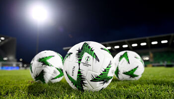 General view inside Tallaght Stadium as multiple Kipsta Conference 2024/25 match balls are seen on the pitch prior to the UEFA Conference League match between Shamrock Rovers and TNS in November