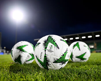 General view inside Tallaght Stadium as multiple Kipsta Conference 2024/25 match balls are seen on the pitch prior to the UEFA Conference League match between Shamrock Rovers and TNS in November