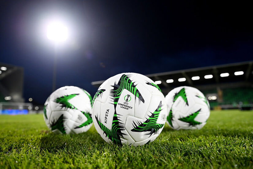 General view inside Tallaght Stadium as multiple Kipsta Conference 2024/25 match balls are seen on the pitch prior to the UEFA Conference League match between Shamrock Rovers and TNS in November