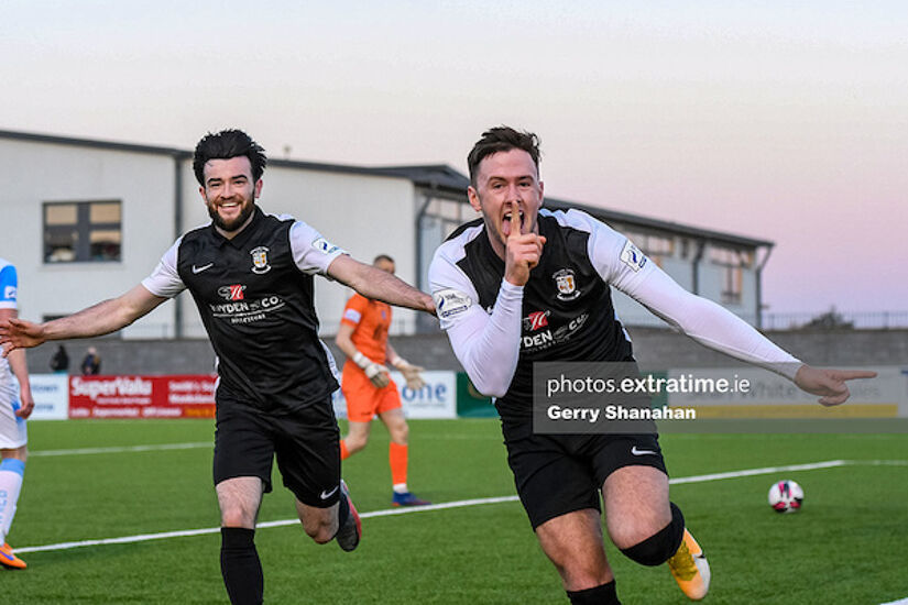 Athlone Town's, Stephan Meaney celebrates scoring his sides second goal with Adam Wixted