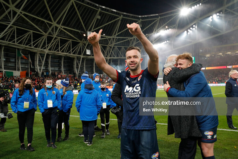 Robbie Benson celebrates winning the FAI Cup on Sunday.