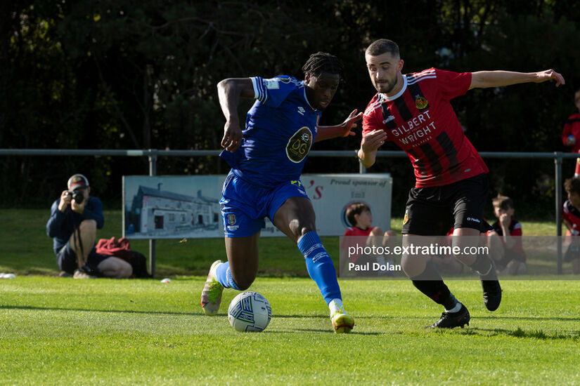 Malahide v Waterford FAI Senior Cup 2nd Round. Waterford's Tunmise Sobowale & Malahide's Ciaran McGahon in action