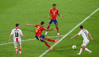 Rodri of Spain scores his team's first goal during the UEFA EURO 2024 round of 16 match between Spain and Georgia at Cologne Stadium on June 30, 2024 in Cologne