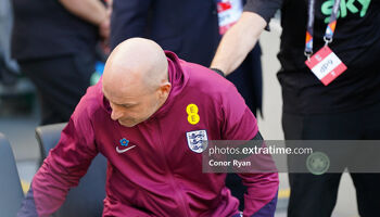 Lee Carsley, Interim England Manager takes a seat in the Republic of Ireland area, he was asked politely to change prior to the UEFA Nations League game between the Republic of Ireland and England