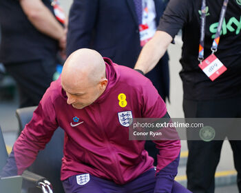 Lee Carsley, Interim England Manager takes a seat in the Republic of Ireland area, he was asked politely to change prior to the UEFA Nations League game between the Republic of Ireland and England