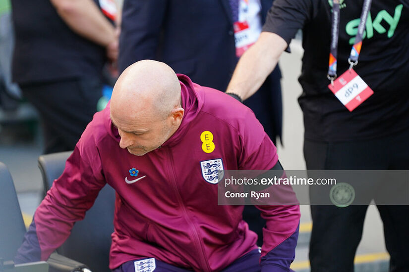 Lee Carsley, Interim England Manager takes a seat in the Republic of Ireland area, he was asked politely to change prior to the UEFA Nations League game between the Republic of Ireland and England