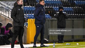 Ian Morris watches on as his side run out 5-2 winners over Athlone Town at Lissywollen in his first game as manager of Waterford on Friday, 18 February 2022.