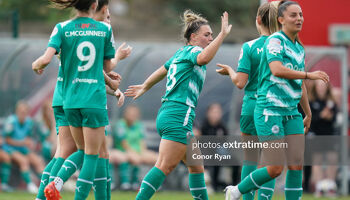 Abbie Magee of Cliftonville FC celebrates with  Danielle Maxwell after Cliftonville scored against Bohemians