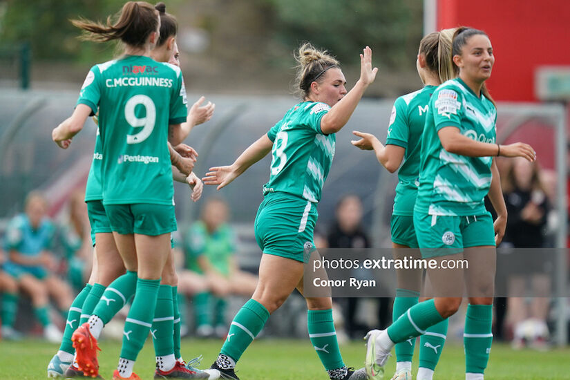 Abbie Magee of Cliftonville FC celebrates with  Danielle Maxwell after Cliftonville scored against Bohemians