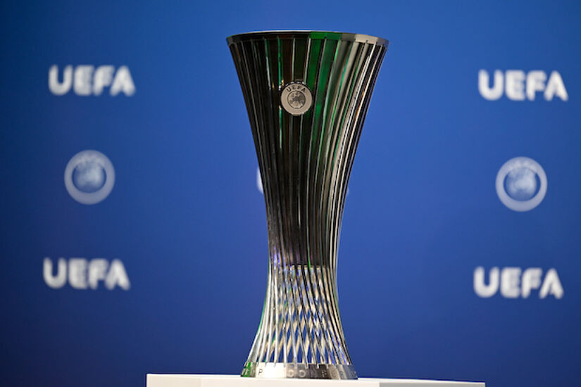 UEFA Europa League Conference League Trophy during the UEFA Europa Conference League Play-off Round Draw at the UEFA headquarters, The House of European Football, in Nyon